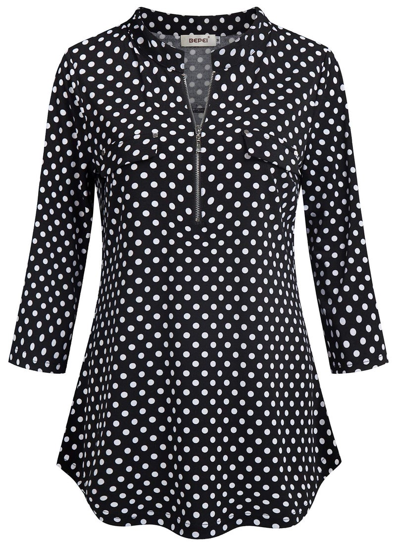 BEPEI Work Blouses for Women,Ladies Polka Dot Tops Winter Ruched Sleeve Empire Waist Sexy Office Tunic Petite Formal Professional Shirt Pocket Tops for Skinny Dress Pants,Black White L - Image 2